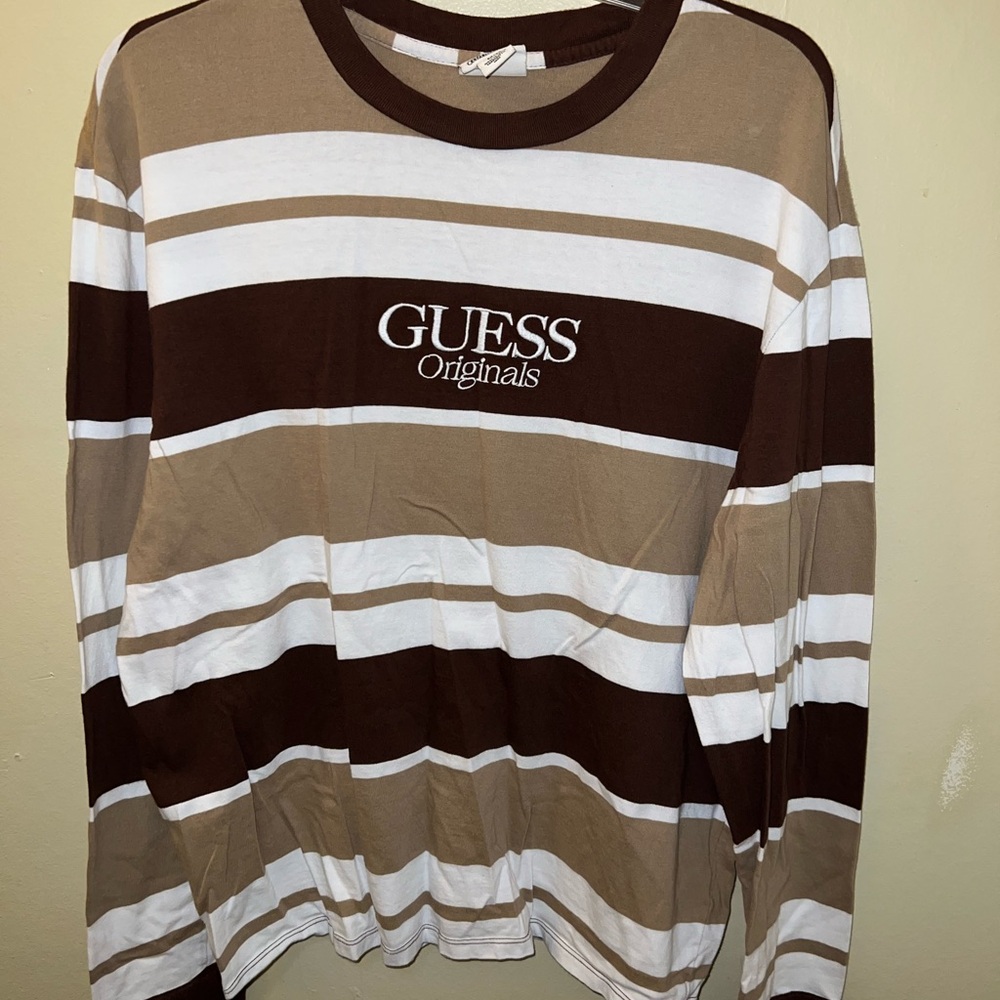 Guess Originals Brown and White Striped Long Sleeve Tee